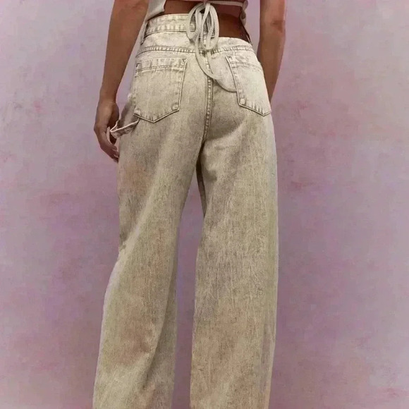 Khaki Casual Women's Washed Folded Hem Straight Leg Jeans - Picture 3 of 4